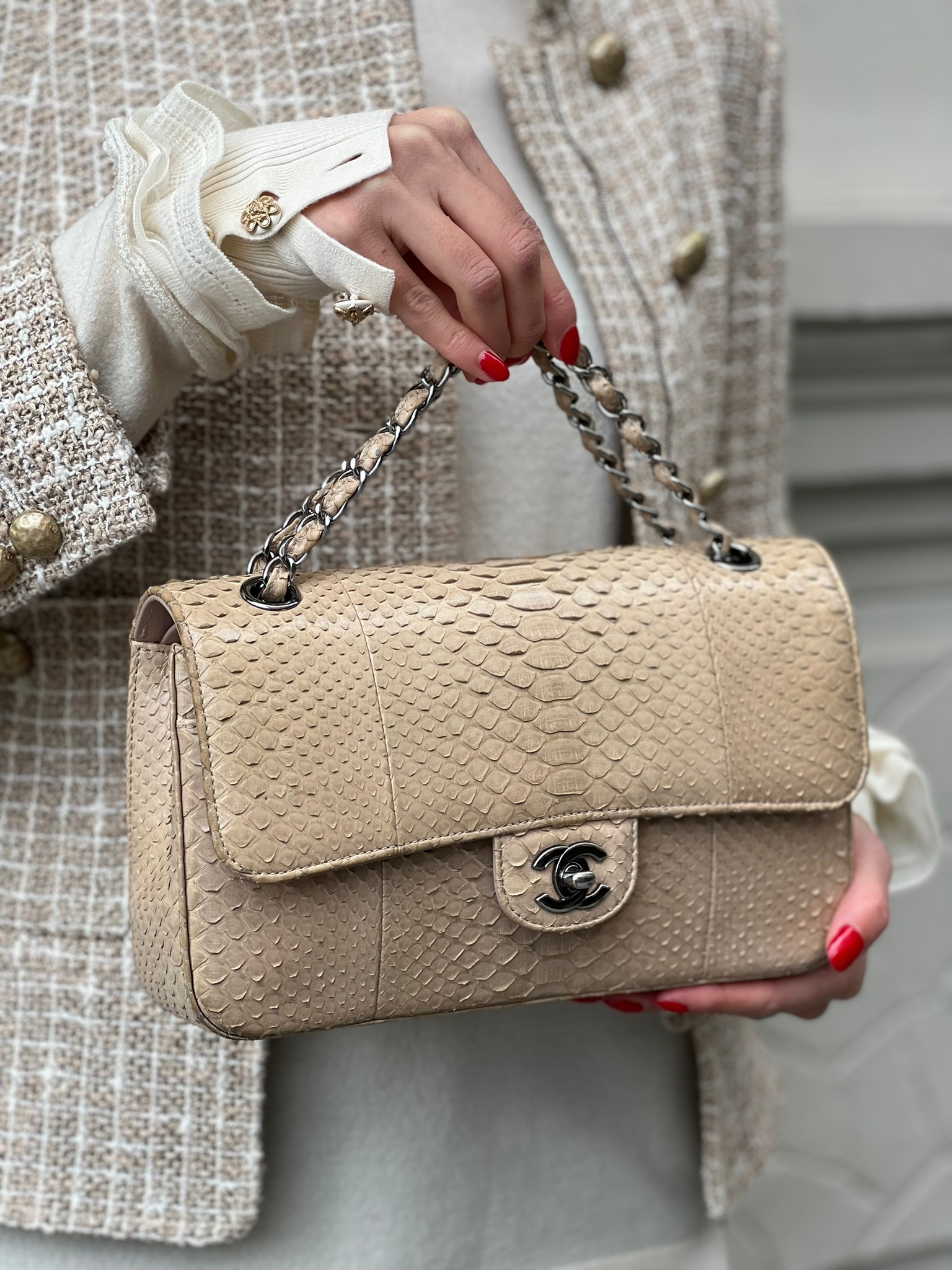 Chanel - Beige Exotic Leather Double Flap Medium Bag